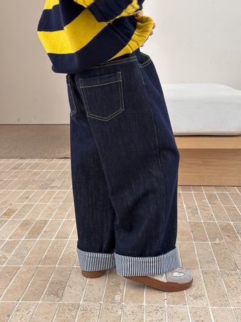 Dječje hlače od velvet flok denim s prugama, korejskog stila, ravni kroj