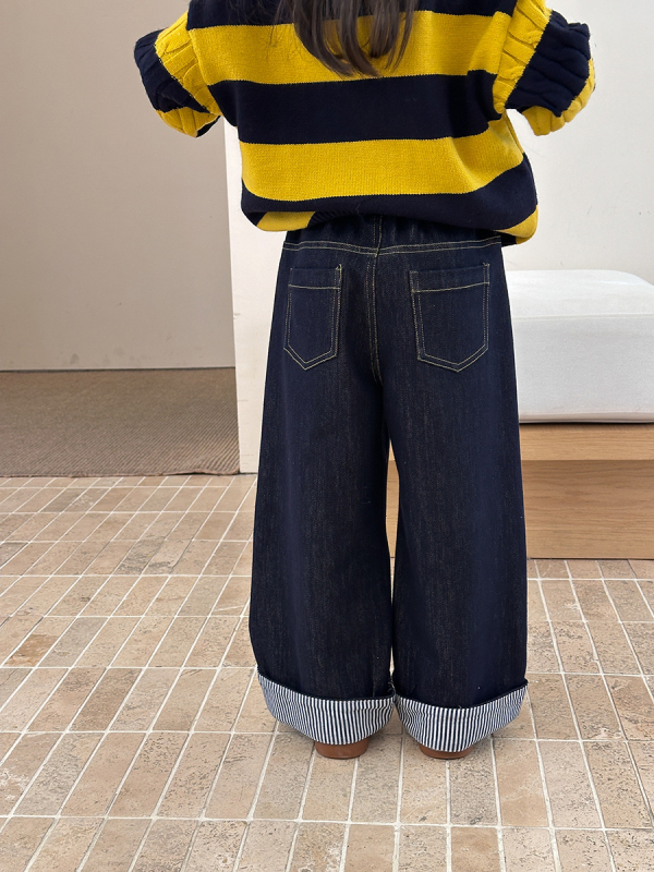 Dječje hlače od velvet flok denim s prugama, korejskog stila, ravni kroj