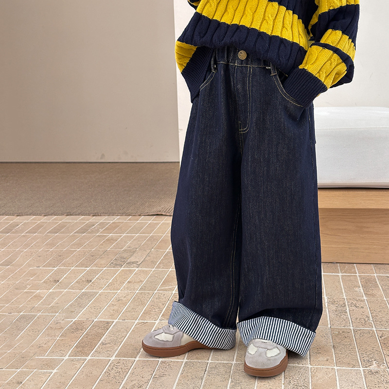 Dječje hlače od velvet flok denim s prugama, korejskog stila, ravni kroj