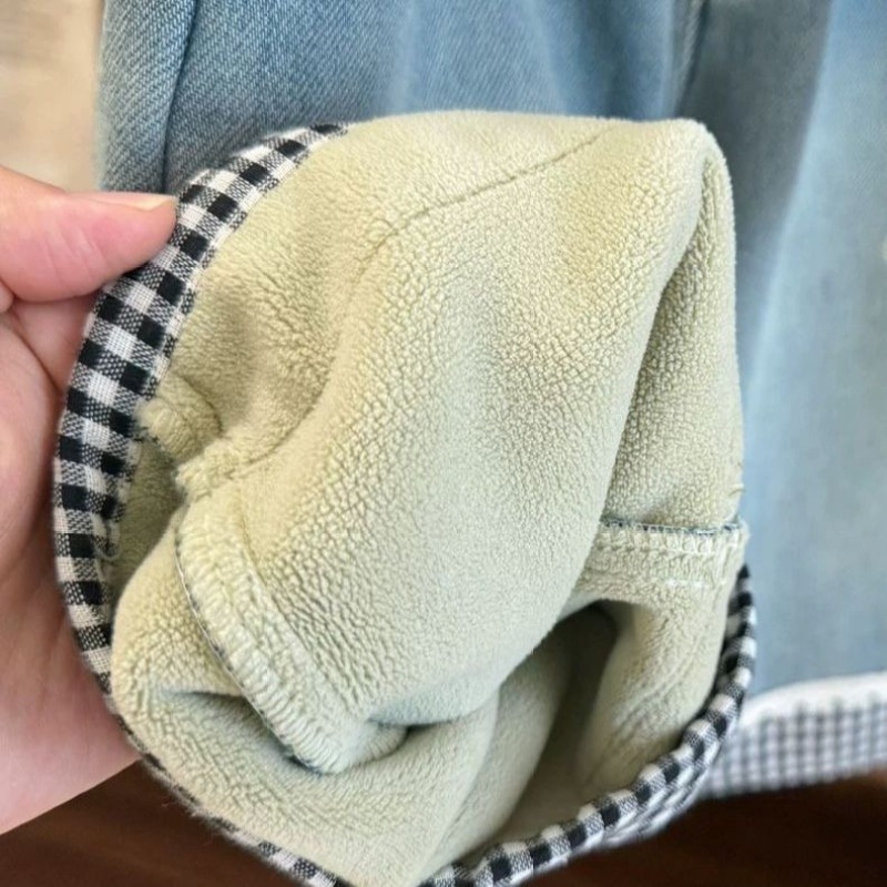 Dječje traperice u korejskom stilu s fleece podstavom, tople i elastične, vintage ravne nogavice s karikaturnim uzorom (Materijal: pamuk; Sastav glavnog materijala: 90% pamuk; Tehnologija tkanine: mekano obrađivanje; Uzorak: karikatura)