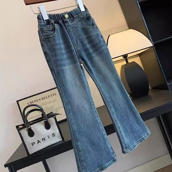 Lányoknak szóló denim nadrág, koreai stílus, középmagas derekú, pamut 30–50%, gumis szalag
