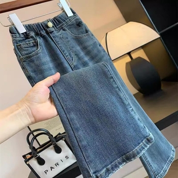 Lányoknak szóló denim nadrág, koreai stílus, középmagas derekú, pamut 30–50%, gumis szalag