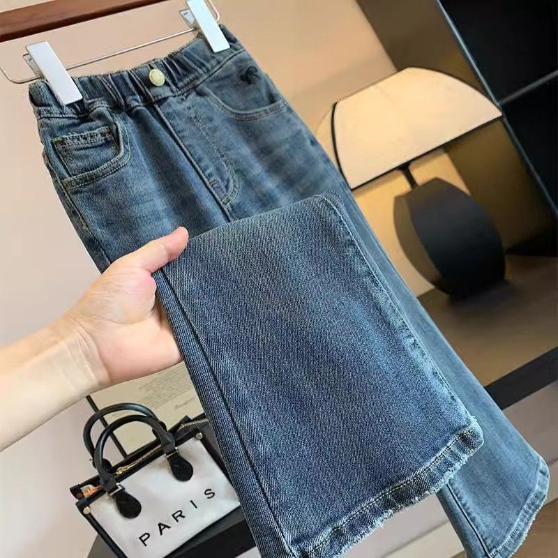 Lányoknak szóló denim nadrág, koreai stílus, középmagas derekú, pamut 30–50%, gumis szalag