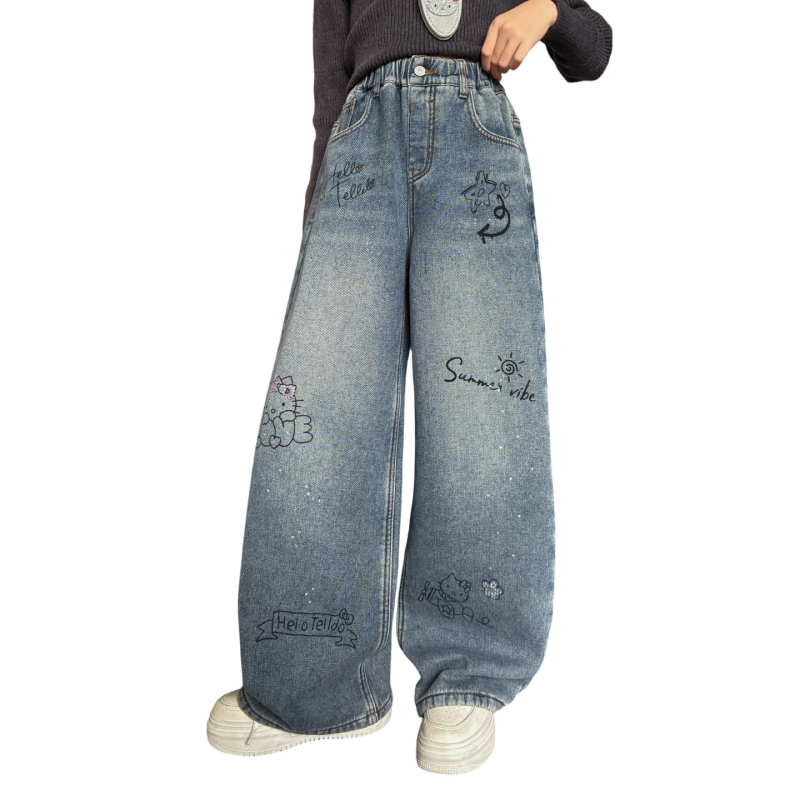 Jeans fete cu căptușeală din fleece pentru iarna 2025 — talie înaltă, croială largă, imprimeu desen animat (70% bumbac)