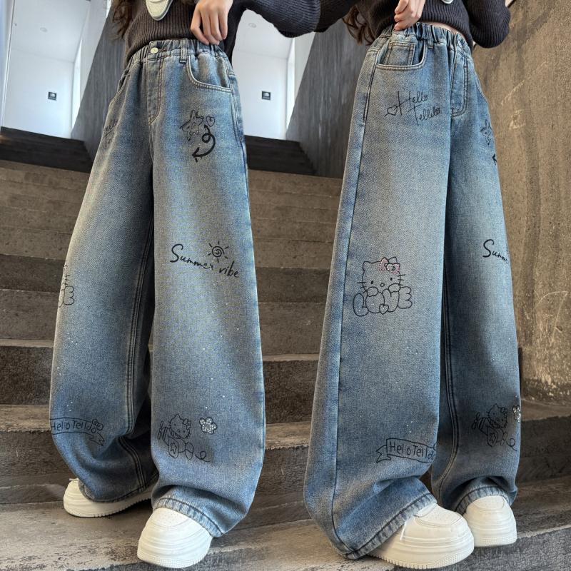 Jeans fete cu căptușeală din fleece pentru iarna 2025 — talie înaltă, croială largă, imprimeu desen animat (70% bumbac)
