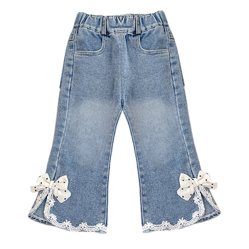 Dječje traperice zvonastog kroja, korejskog stila, cvjetni uzorak, srednje visoka talija s elastičnom trakom, mekan denim