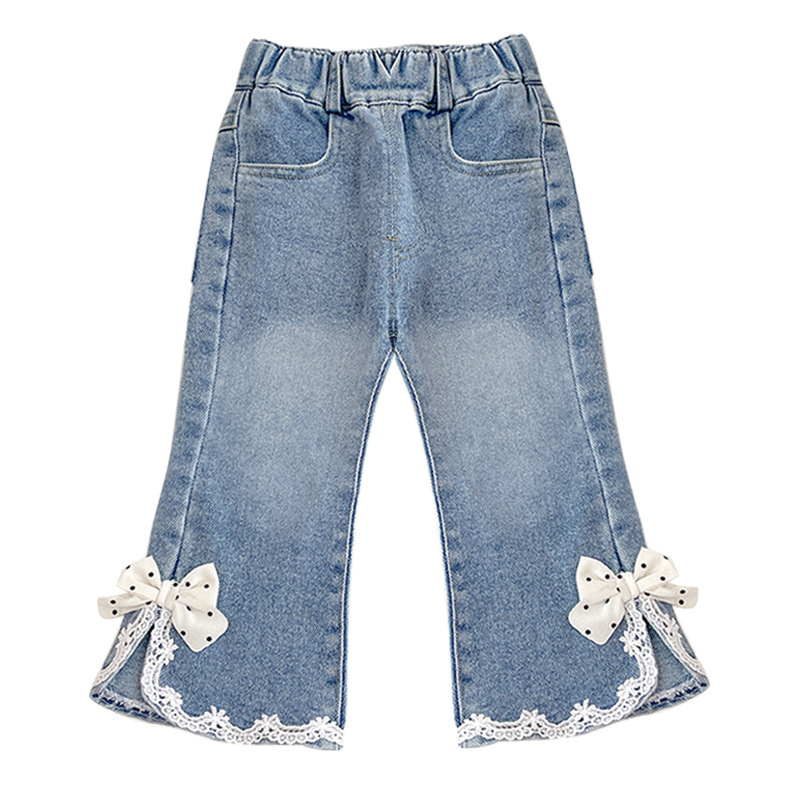 Dječje traperice zvonastog kroja, korejskog stila, cvjetni uzorak, srednje visoka talija s elastičnom trakom, mekan denim