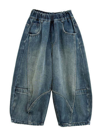 Jeans pentru copii, stil coreean, denim din bumbac 80%, fleece-lined, talie medie cu elastic, finisaj distressed și buzunare cu litere embossate