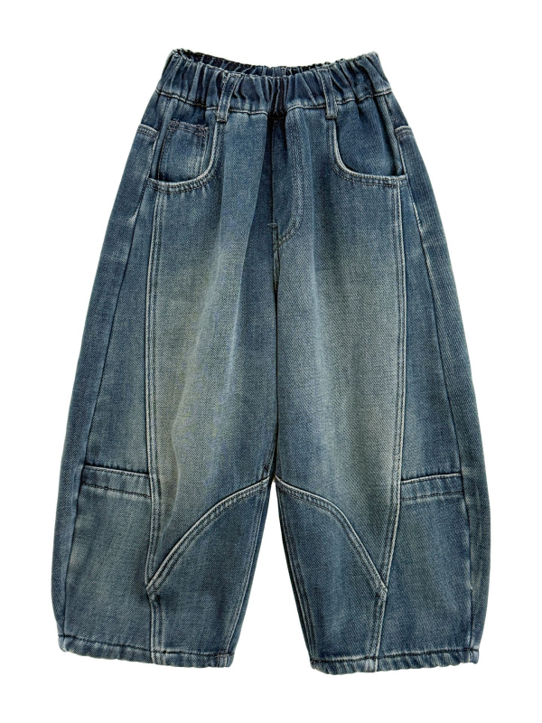 Jeans pentru copii, stil coreean, denim din bumbac 80%, fleece-lined, talie medie cu elastic, finisaj distressed și buzunare cu litere embossate