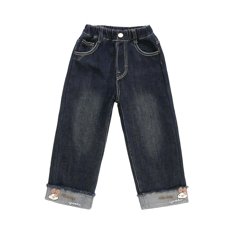 Lányoknak készült fleeces bélésű vastag farmernadrág téli, egyenes szabású, középmagas derék, elasztikus derekú