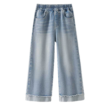 Dječje traper hlače ravnih nogavica, elastičan pojas, preklopljeni rub, jednobojne, duge, Unisex, 35% pamuka