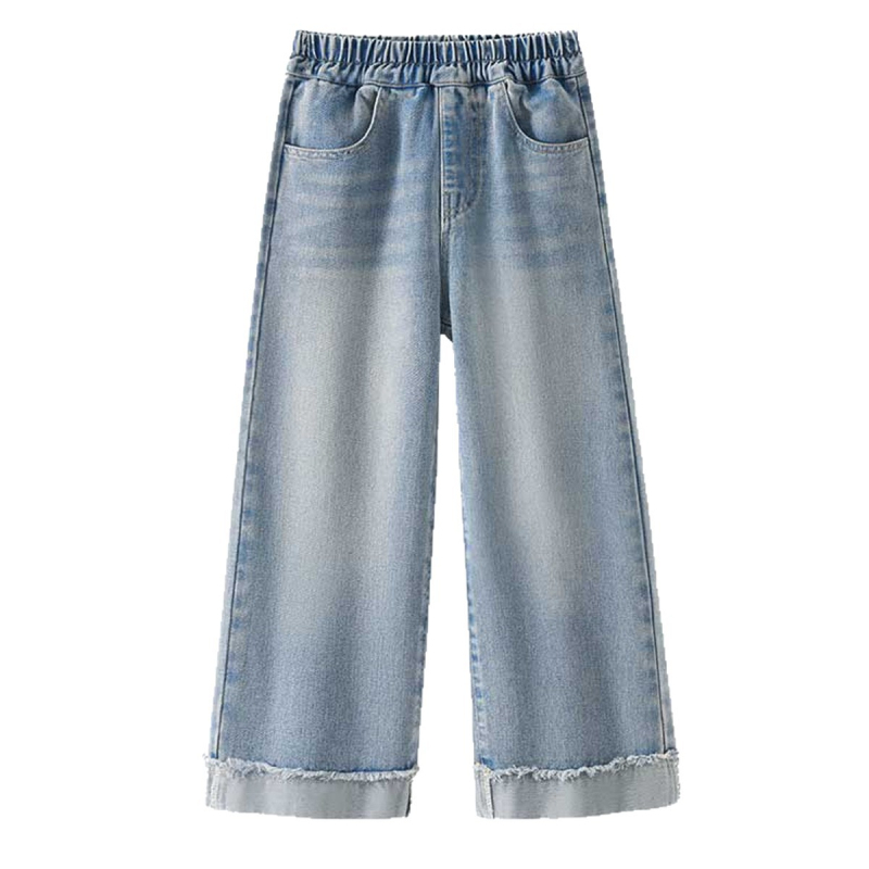 Dječje traper hlače ravnih nogavica, elastičan pojas, preklopljeni rub, jednobojne, duge, Unisex, 35% pamuka