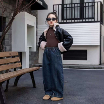 Djevojačke traperice s ravnim krojem, korejski stil, glavna tkanina 80-90%, za djecu iznad 8 godina (iznad 140 cm), jesen 2025