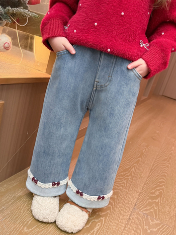 Dječje zimske traperice s flis podlogom, korejski stil, karikatura uzorak, srednji pojas, pamuk denim, 80% pamuka, mekana obrada