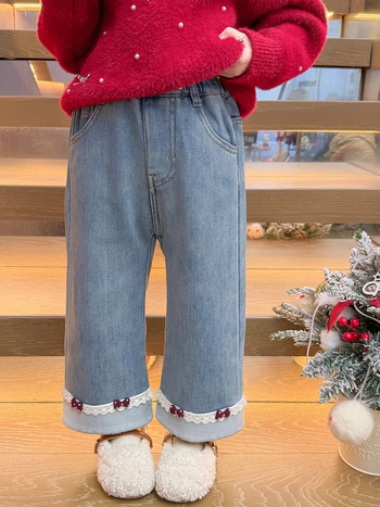 Dječje zimske traperice s flis podlogom, korejski stil, karikatura uzorak, srednji pojas, pamuk denim, 80% pamuka, mekana obrada