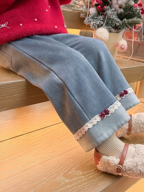 Dječje zimske traperice s flis podlogom, korejski stil, karikatura uzorak, srednji pojas, pamuk denim, 80% pamuka, mekana obrada