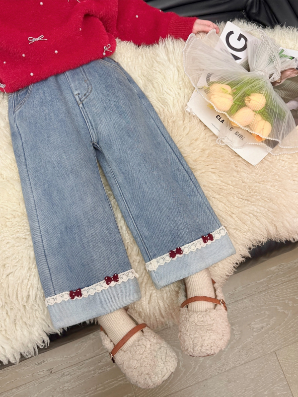 Dječje zimske traperice s flis podlogom, korejski stil, karikatura uzorak, srednji pojas, pamuk denim, 80% pamuka, mekana obrada