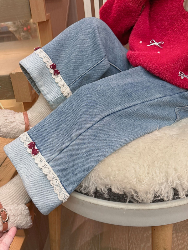 Dječje zimske traperice s flis podlogom, korejski stil, karikatura uzorak, srednji pojas, pamuk denim, 80% pamuka, mekana obrada