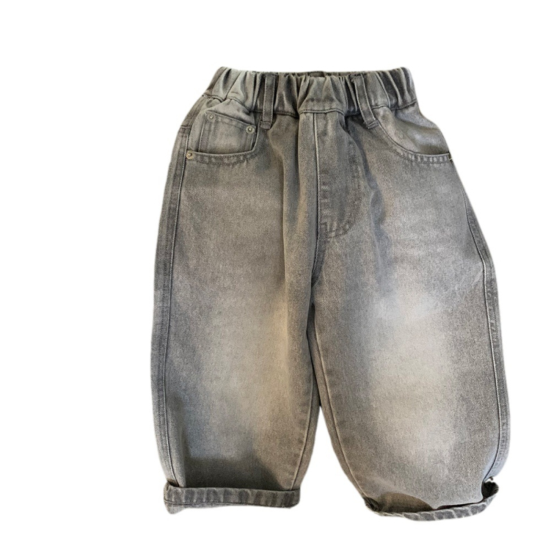 Gyerekeknek készült koreai stílusú farmernadrág Cowboy denim, 80% pamut, középmagas derék, egyszínű minta