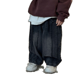 Gyerekeknek szóló lazán szabott, széles szárú farmernadrág szakadt széllel, középmagas derék, denim-pamut keverék, 8 éves kortól, 2025 tavasz
