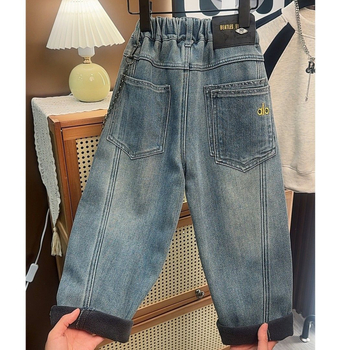 Dječje hlače od trapera s flis podstavom, opuštene krojenje, srednji pojas, jednobojne, za uzrast 3–8 godina