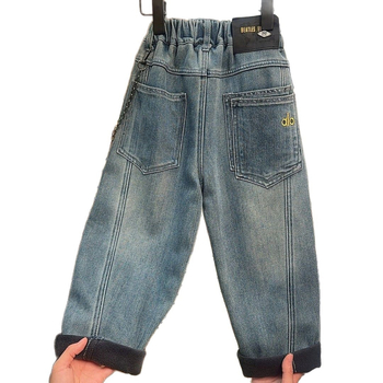 Dječje hlače od trapera s flis podstavom, opuštene krojenje, srednji pojas, jednobojne, za uzrast 3–8 godina