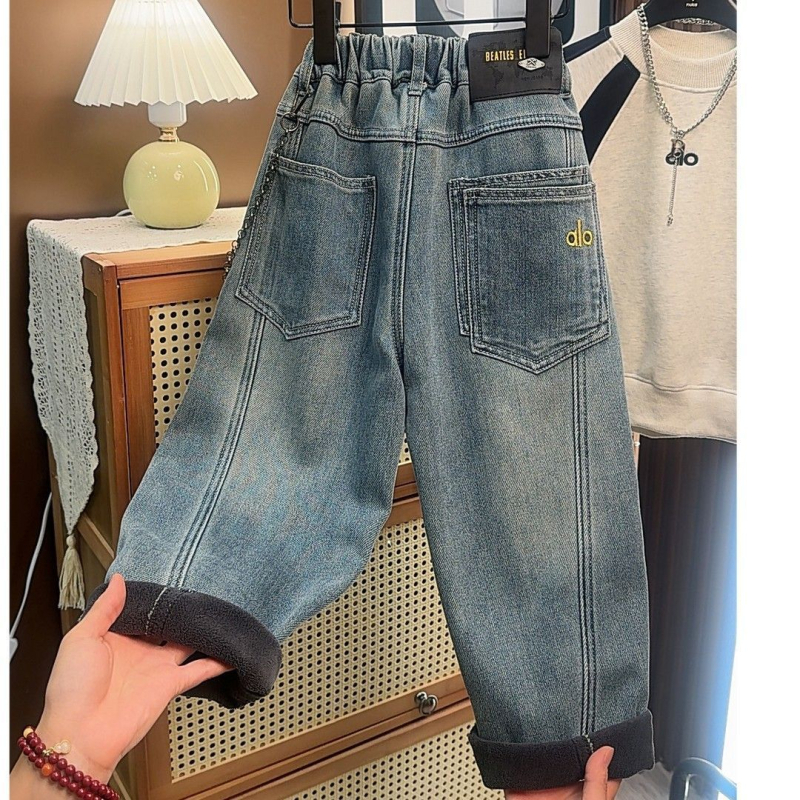 Dječje hlače od trapera s flis podstavom, opuštene krojenje, srednji pojas, jednobojne, za uzrast 3–8 godina