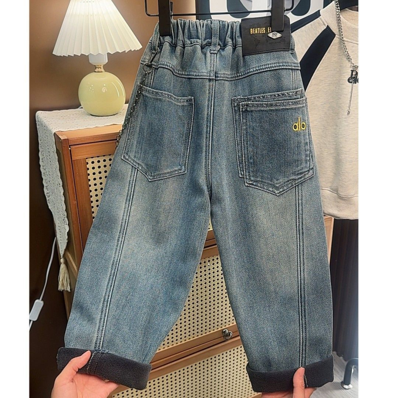 Dječje hlače od trapera s flis podstavom, opuštene krojenje, srednji pojas, jednobojne, za uzrast 3–8 godina