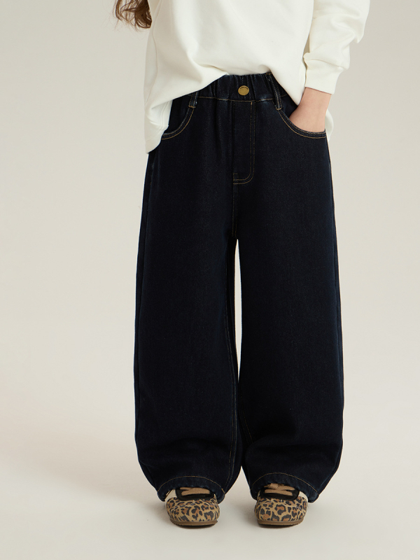Dječje hlače u korejskom stilu s flis denimom, izdržljiv fade-denim + austrijski flis, 90% pamuk / 5% poliester / 5% viskoz, srednji pojas s elastikom, zima, unisex, za djecu 3–8 godina