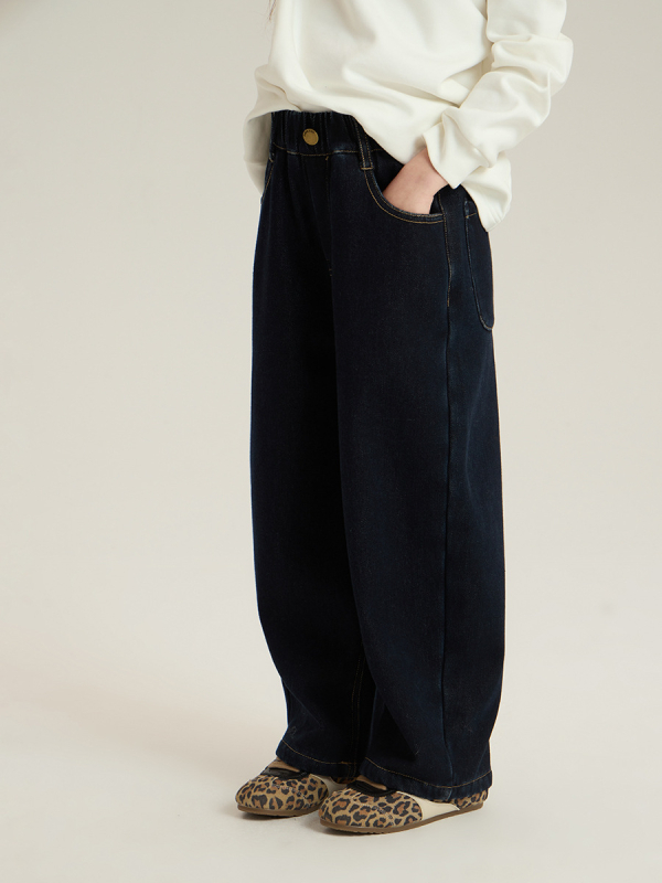Dječje hlače u korejskom stilu s flis denimom, izdržljiv fade-denim + austrijski flis, 90% pamuk / 5% poliester / 5% viskoz, srednji pojas s elastikom, zima, unisex, za djecu 3–8 godina