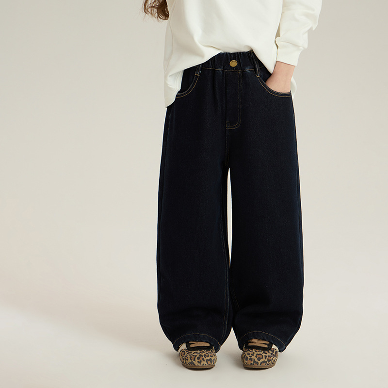 Dječje hlače u korejskom stilu s flis denimom, izdržljiv fade-denim + austrijski flis, 90% pamuk / 5% poliester / 5% viskoz, srednji pojas s elastikom, zima, unisex, za djecu 3–8 godina