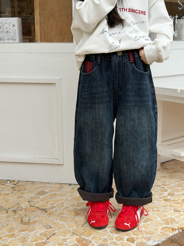 Dječje traper hlače s flis podstavom, retro stil, unisex, srednji struk, elastična traka u struku, mekanobrađen materijal