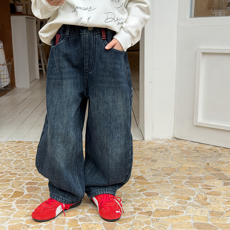 Dječje traper hlače s flis podstavom, retro stil, unisex, srednji struk, elastična traka u struku, mekanobrađen materijal