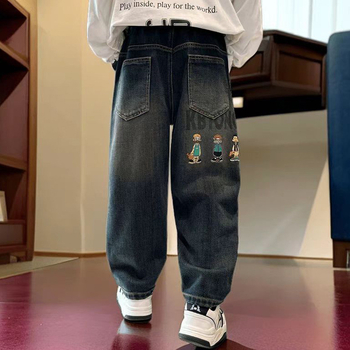 Dječje traperice za dječake, korejski stil, 65% poliester materijal, visokim strukom s elastičnim pojasom, duge hlače, jednobojne s natpisom