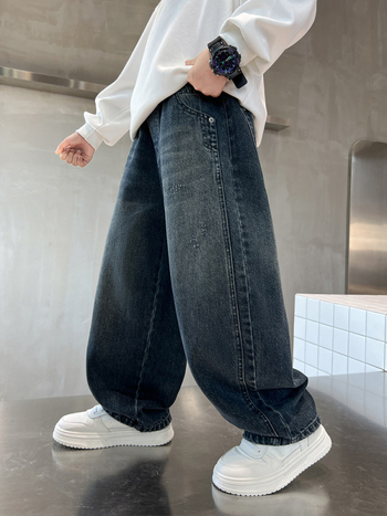 Дънки за момчета с бродерия на джобовете, памучен деним, висока талия, еластичен колан, буквен принт