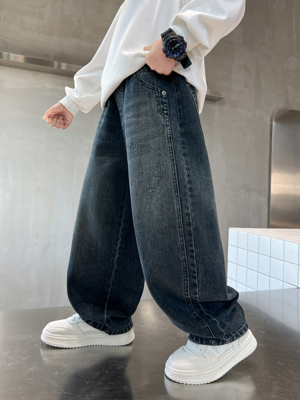 Дънки за момчета с бродерия на джобовете, памучен деним, висока талия, еластичен колан, буквен принт