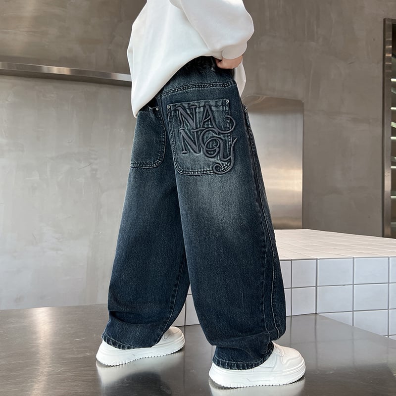 Дънки за момчета с бродерия на джобовете, памучен деним, висока талия, еластичен колан, буквен принт