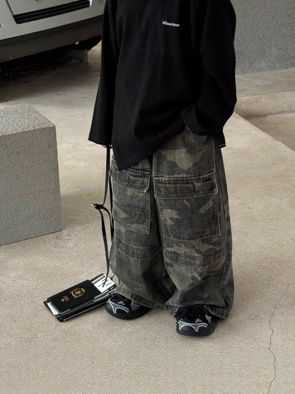 Dječje radne hlače s kamuflažnim uzorkom, korejski stil, denim, 95% pamuk, elastični pojas