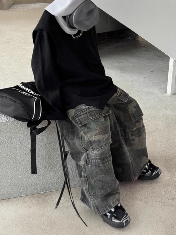 Dječje radne hlače s kamuflažnim uzorkom, korejski stil, denim, 95% pamuk, elastični pojas