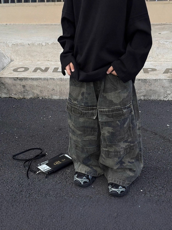 Dječje radne hlače s kamuflažnim uzorkom, korejski stil, denim, 95% pamuk, elastični pojas