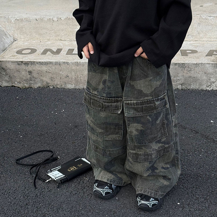 Dječje radne hlače s kamuflažnim uzorkom, korejski stil, denim, 95% pamuk, elastični pojas