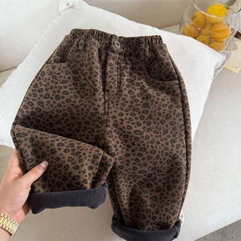 Dječje hlače s leopard uzorkom, korejskog stila, podstavljene flisom, 83% pamuk, za uzrast 3–8 godina