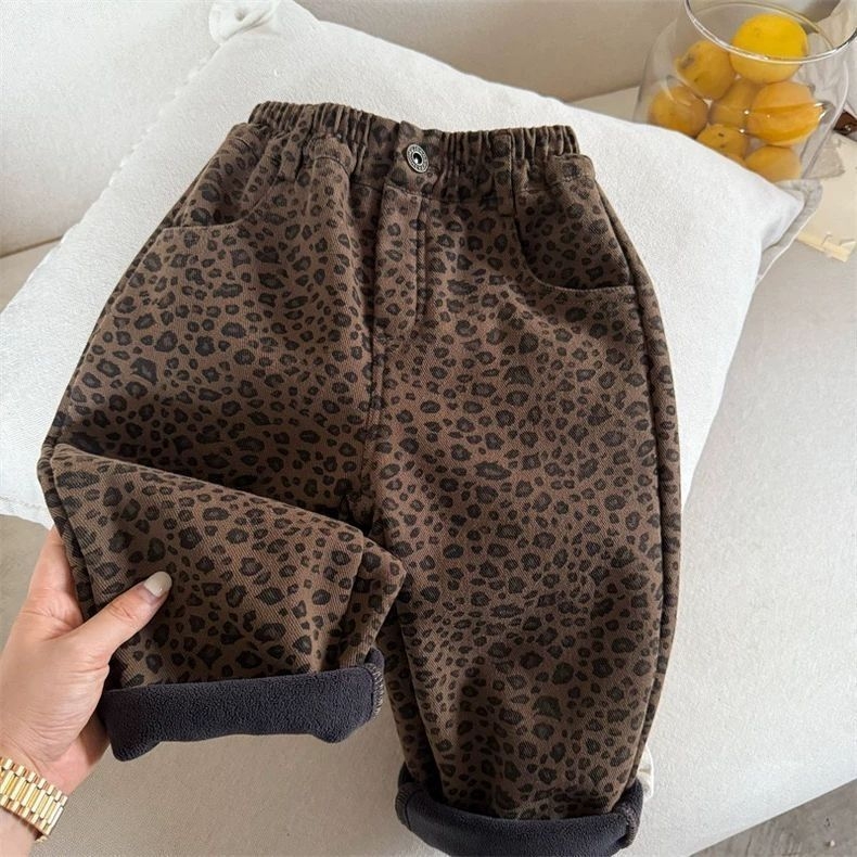 Dječje hlače s leopard uzorkom, korejskog stila, podstavljene flisom, 83% pamuk, za uzrast 3–8 godina