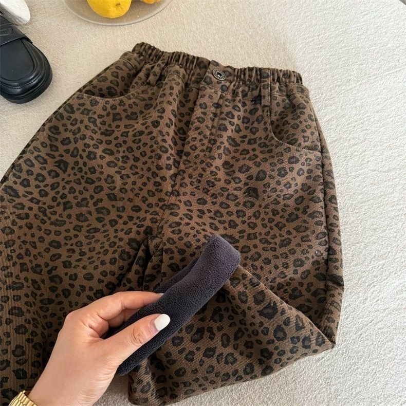 Dječje hlače s leopard uzorkom, korejskog stila, podstavljene flisom, 83% pamuk, za uzrast 3–8 godina