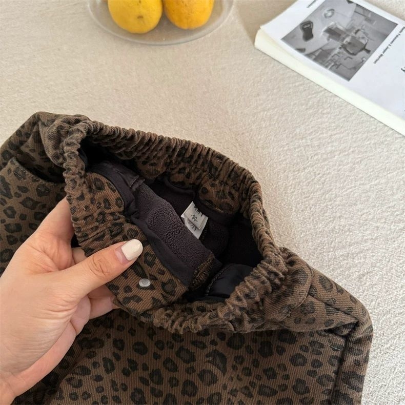 Dječje hlače s leopard uzorkom, korejskog stila, podstavljene flisom, 83% pamuk, za uzrast 3–8 godina