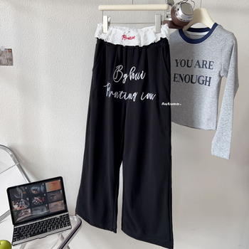 Gyerekeknek szóló nadrág koreai stílusú hímzett betűkkel és csipkével, 98% pamut, középmagas derekú, elasztikus gumival, 8 évesnél idősebbeknek, tavasz–ősz