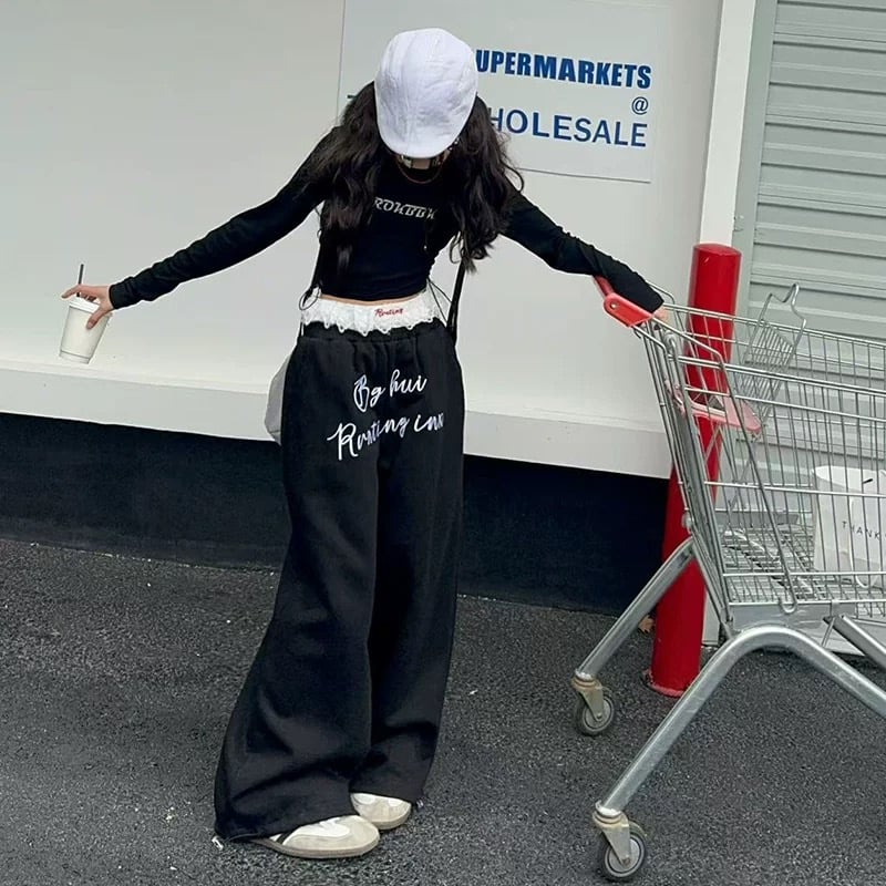 Gyerekeknek szóló nadrág koreai stílusú hímzett betűkkel és csipkével, 98% pamut, középmagas derekú, elasztikus gumival, 8 évesnél idősebbeknek, tavasz–ősz