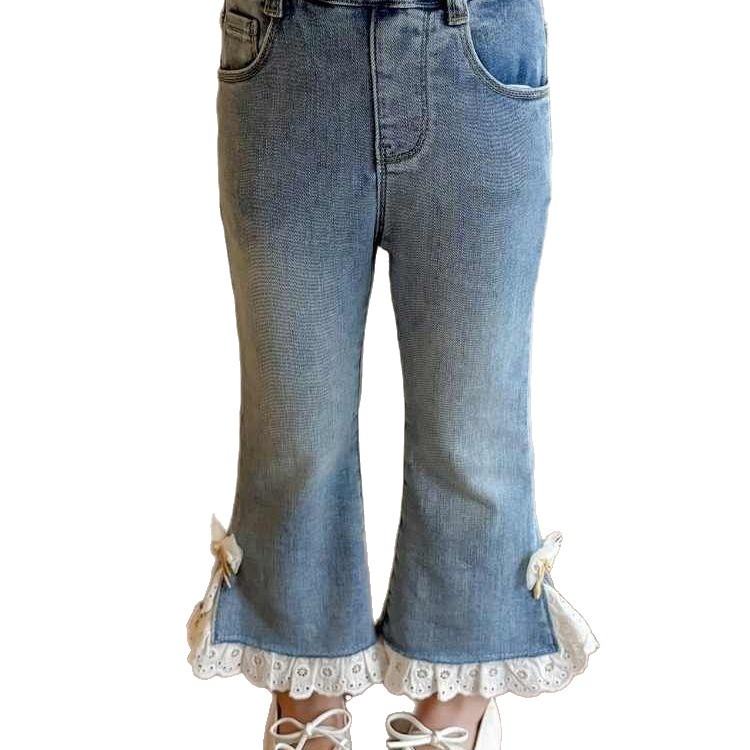 Gyerekeknek denim nadrág koreai stílusban, flared fazon, középmagas derekú, 70% pamut, 3–8 éveseknek, tavasz–ősz