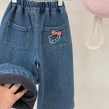 Lányoknak fleece-sel bélelt farmernadrág, széles szabás, őszi–téli 2025, 3–8 éveseknek