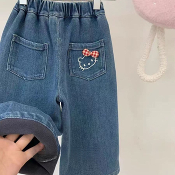 Lányoknak fleece-sel bélelt farmernadrág, széles szabás, őszi–téli 2025, 3–8 éveseknek